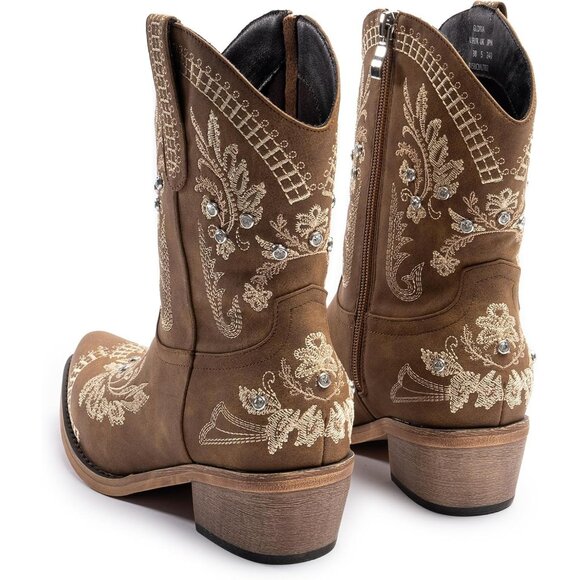 Women Brown Cowgirl with Sparkly Embroidered Rhinestone Short Western Ankle Boot - Picture 3 of 8